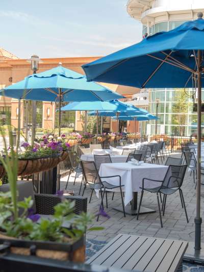Aqua sun umbrellas and wrought iron planters of purple petunias adorn the large, sunny patio at Davio's Braintree