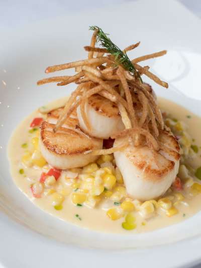 Georges Bank Sea Scallops, Sweet Creamy Corn, Match Stick Potatoes