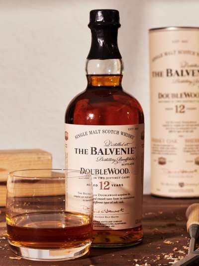 Bottle and Glass of Balvenie 12 Year Old DoubleWood with Wood Box