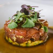 Tuna tartare with avocado and soy mustard, garnished with microgreens