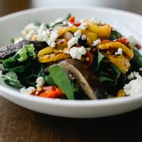 Salad with Warm Spinach, Roasted Peppers, Portobellos, Goat Cheese, Balsamic