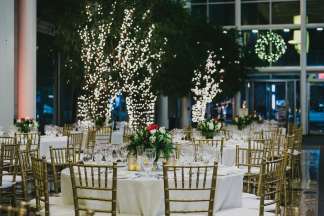 The Galleria space in the 45 St. James lobby decorated with lights and greenery for a holiday celebration